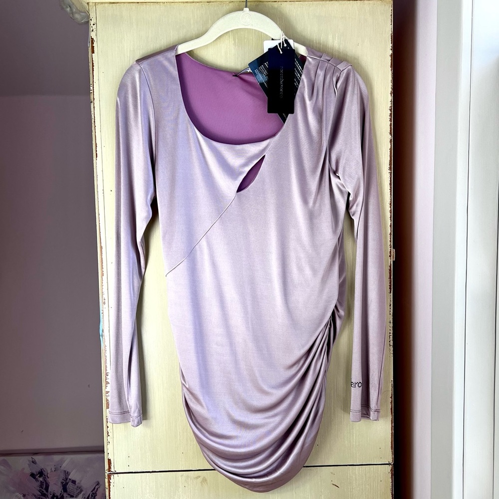 Roccobarocco Long Sleeve Stretch Jersey Lined, Ruched Top. Sz 8. Shimmery Lilac.